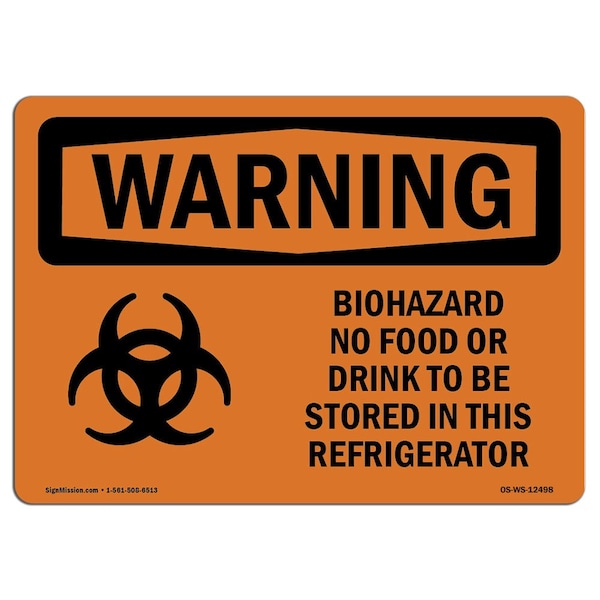 OSHA Warning Sign, 18" Height, 24" Width, Biohazard No Food Or Drink, Landscape, WS-D-1824-L-12498